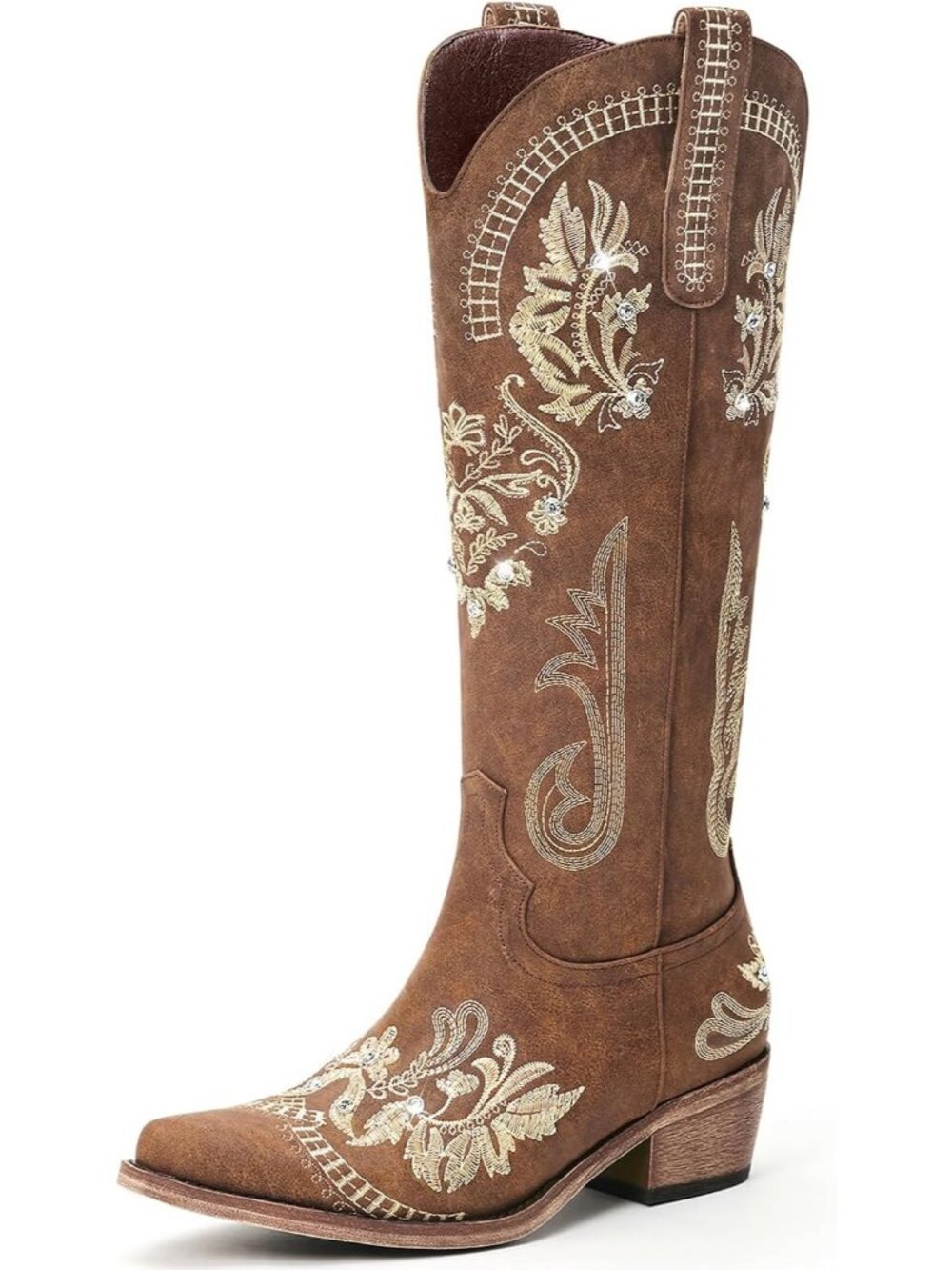 Women's Brown Rhinestone Knee High Embroidered Western Chunky Cowboy Boot